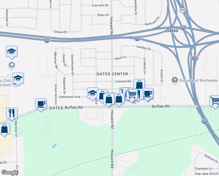 map of restaurants, bars, coffee shops, grocery stores, and more near 612 Howard Road in Rochester