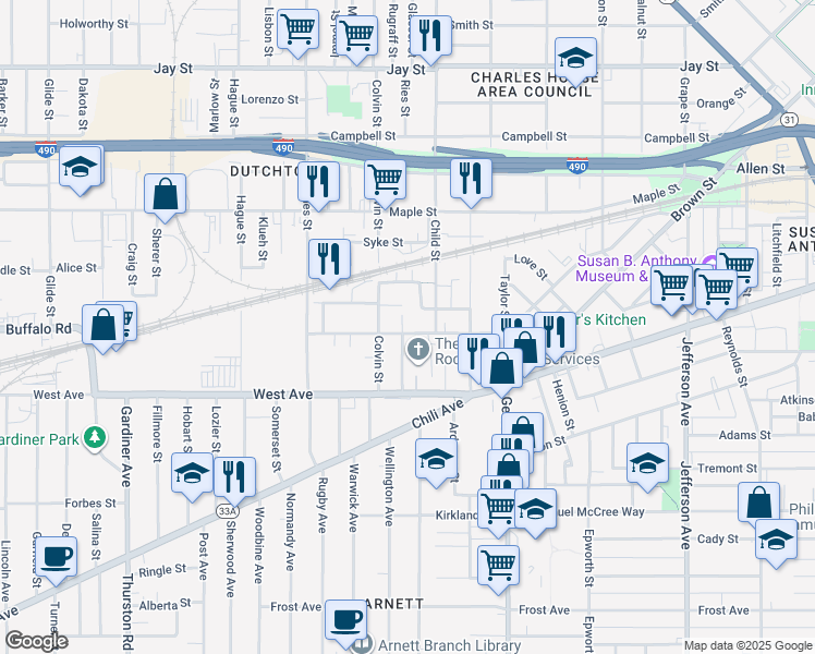 map of restaurants, bars, coffee shops, grocery stores, and more near 82 Danforth Street in Rochester