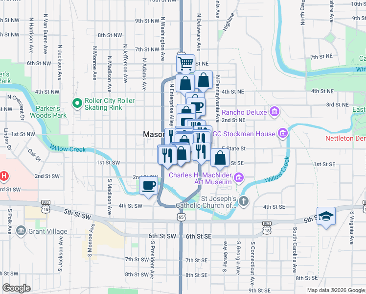 map of restaurants, bars, coffee shops, grocery stores, and more near 5 North Federal Avenue in Mason City