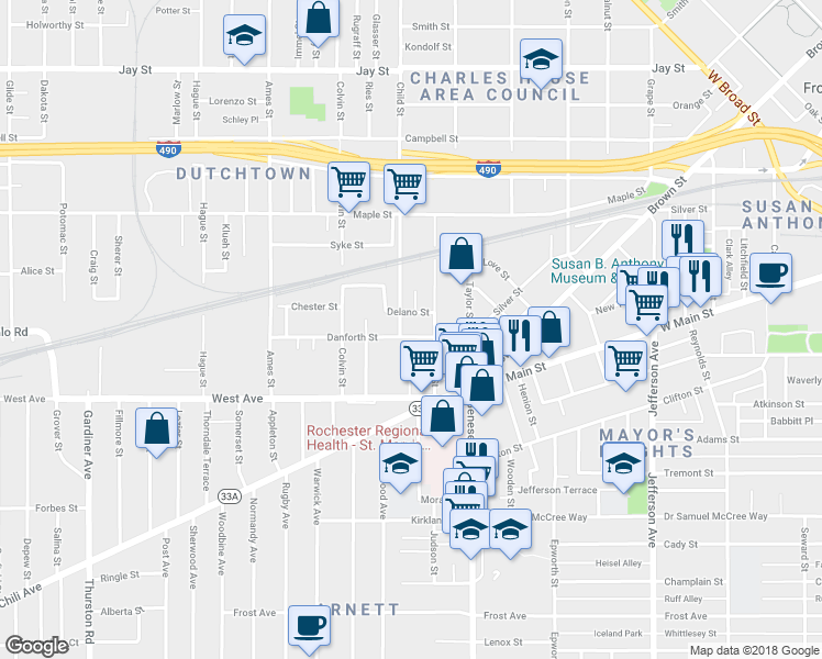 map of restaurants, bars, coffee shops, grocery stores, and more near 28 Danforth Street in Rochester