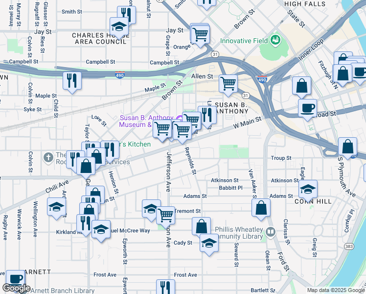map of restaurants, bars, coffee shops, grocery stores, and more near 567 West Main Street in Rochester