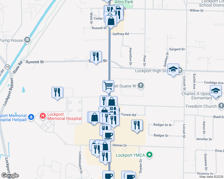 map of restaurants, bars, coffee shops, grocery stores, and more near 14 Woodbury Drive in Lockport