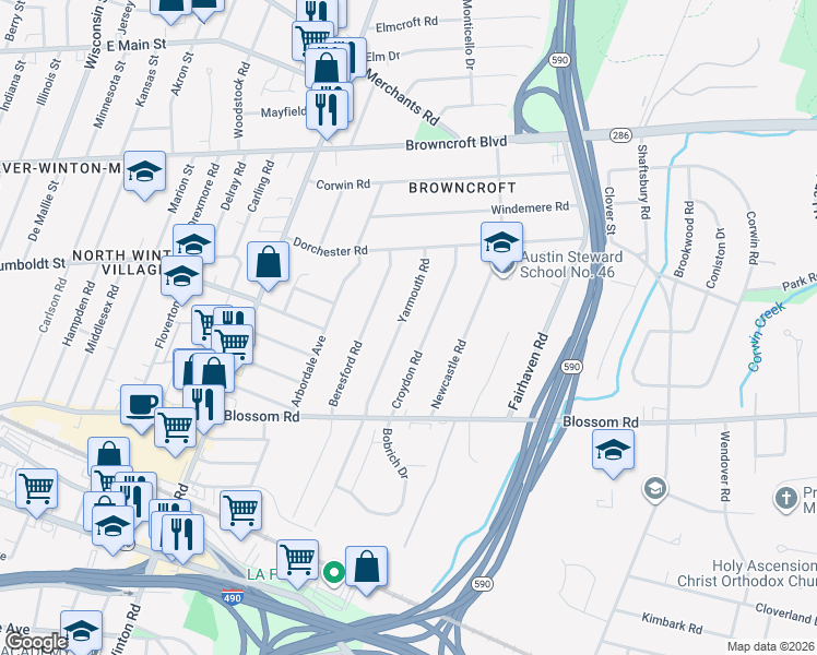 map of restaurants, bars, coffee shops, grocery stores, and more near 346 Yarmouth Road in Rochester