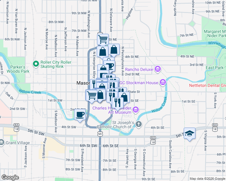 map of restaurants, bars, coffee shops, grocery stores, and more near 12 North Delaware Avenue in Mason City