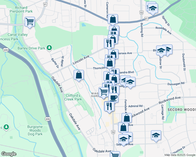 map of restaurants, bars, coffee shops, grocery stores, and more near 19 Sevenoaks Circle in St. Catharines