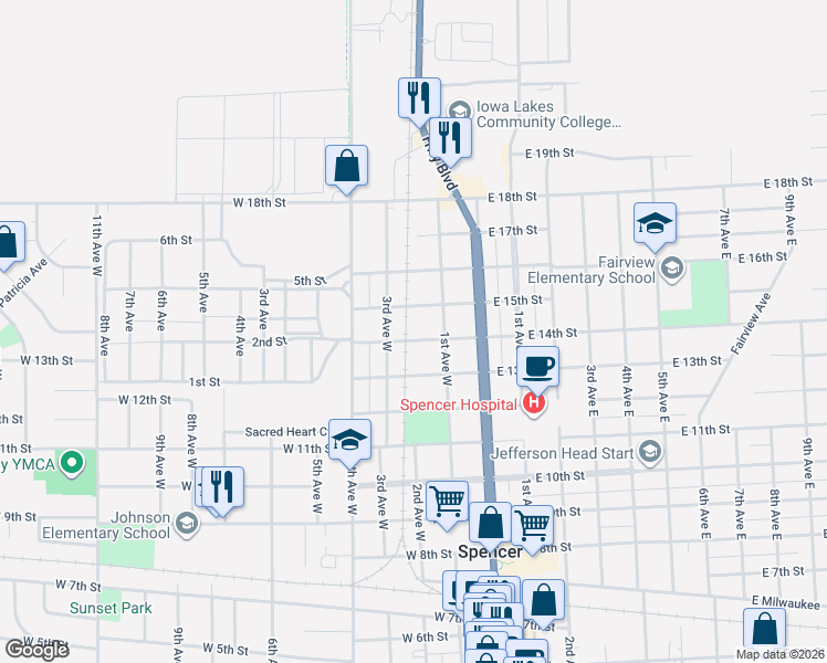 map of restaurants, bars, coffee shops, grocery stores, and more near 121 W 14th St in Spencer