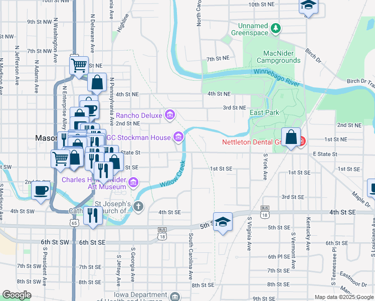map of restaurants, bars, coffee shops, grocery stores, and more near 536 East State Street in Mason City