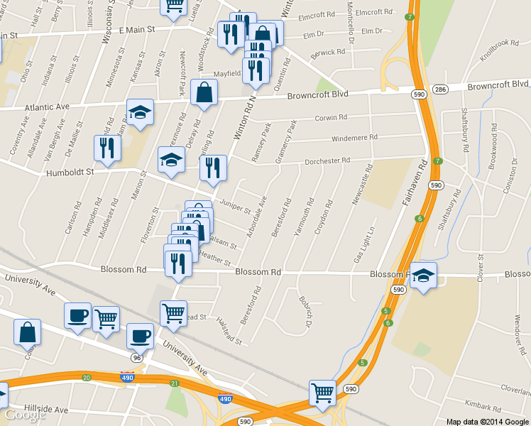 map of restaurants, bars, coffee shops, grocery stores, and more near 140 Arbordale Avenue in Rochester