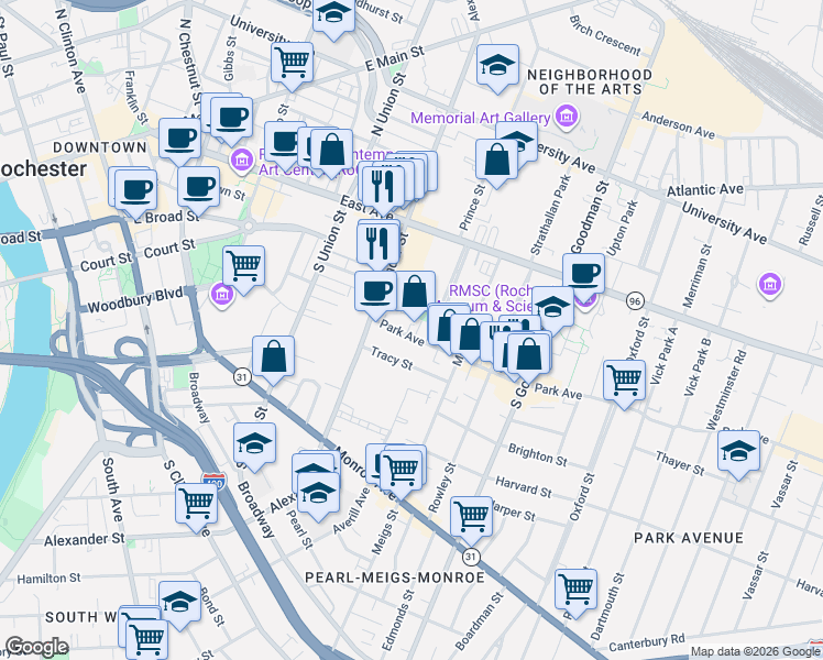 map of restaurants, bars, coffee shops, grocery stores, and more near 54 Park Avenue in Rochester