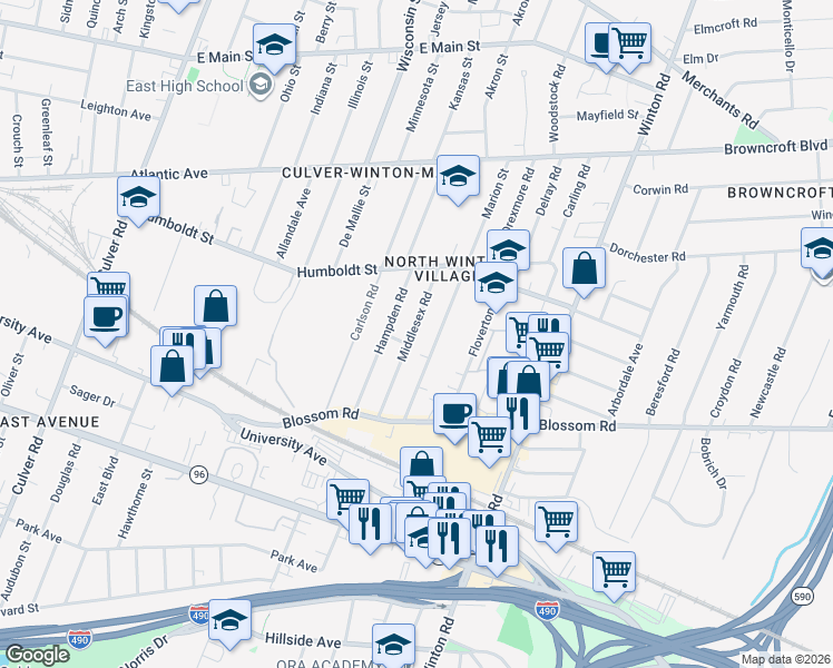 map of restaurants, bars, coffee shops, grocery stores, and more near 128 Middlesex Road in Rochester