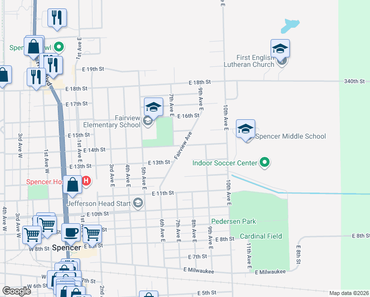 map of restaurants, bars, coffee shops, grocery stores, and more near 1324 Fairview Avenue in Spencer