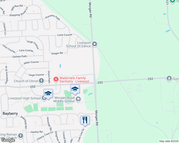 map of restaurants, bars, coffee shops, grocery stores, and more near 4419 Heritage Drive in Liverpool