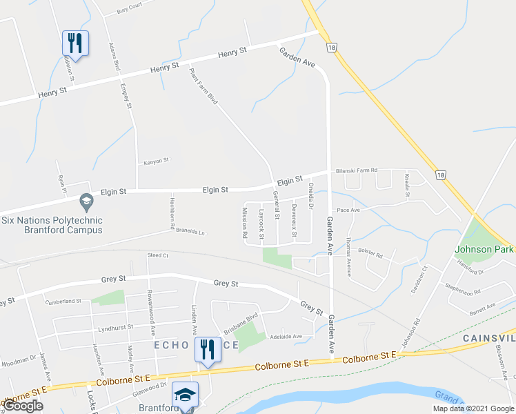 map of restaurants, bars, coffee shops, grocery stores, and more near 4 Laycock Street in Brantford
