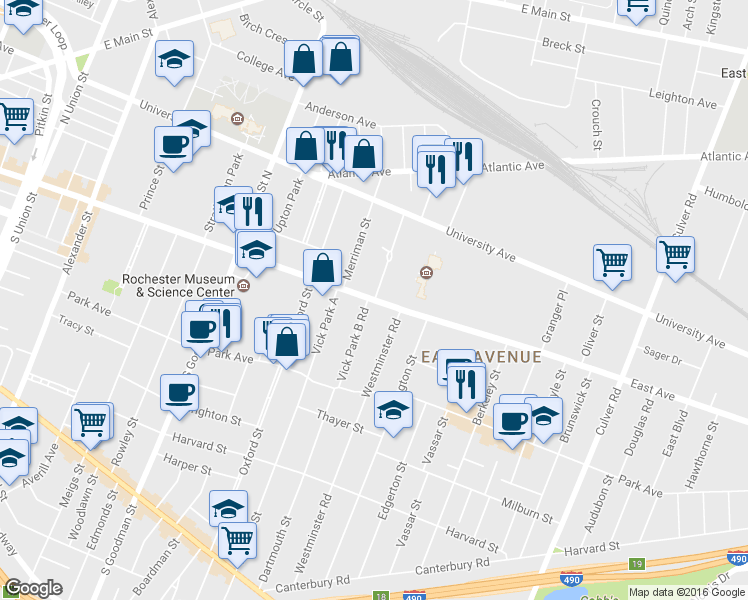 map of restaurants, bars, coffee shops, grocery stores, and more near East Ave & Portsmouth Terrace in Rochester