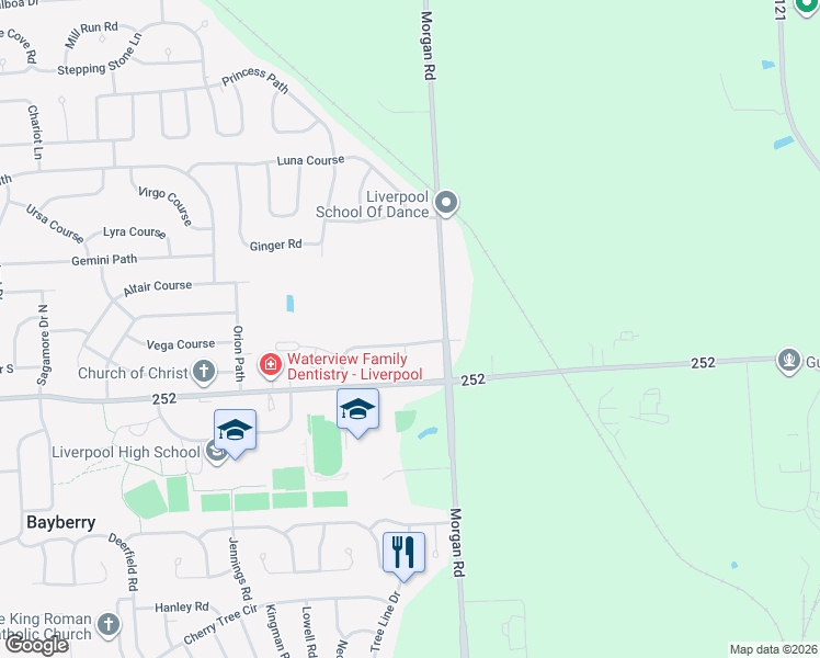 map of restaurants, bars, coffee shops, grocery stores, and more near 4419 Heritage Drive in Liverpool