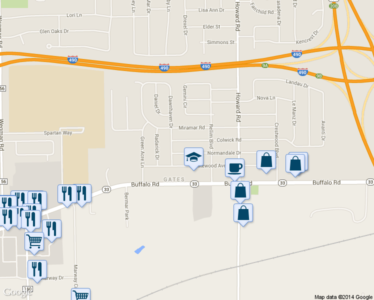 map of restaurants, bars, coffee shops, grocery stores, and more near 270 Normandale Dr in Rochester