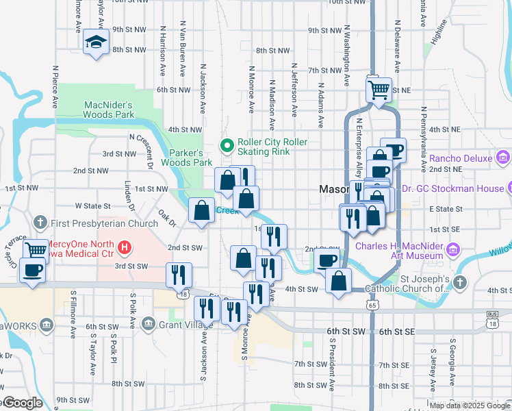 map of restaurants, bars, coffee shops, grocery stores, and more near 3 North Monroe Avenue in Mason City