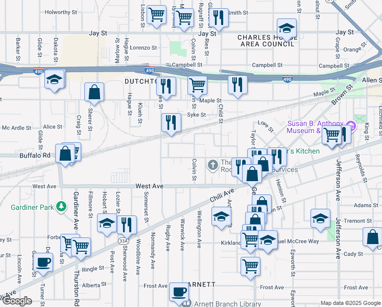 map of restaurants, bars, coffee shops, grocery stores, and more near 81 Colvin Street in Rochester