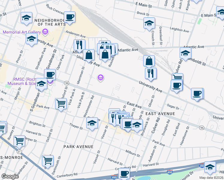 map of restaurants, bars, coffee shops, grocery stores, and more near 950 East Avenue in Rochester