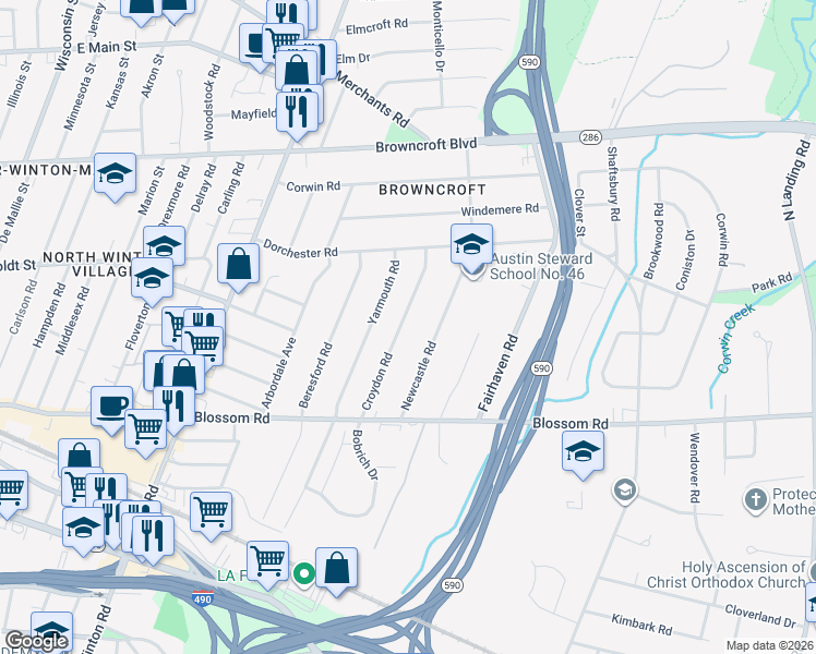 map of restaurants, bars, coffee shops, grocery stores, and more near 144 Croydon Rd in Rochester