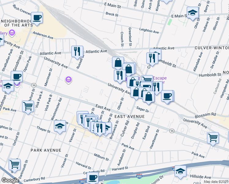 map of restaurants, bars, coffee shops, grocery stores, and more near 12 Granger Place in Rochester