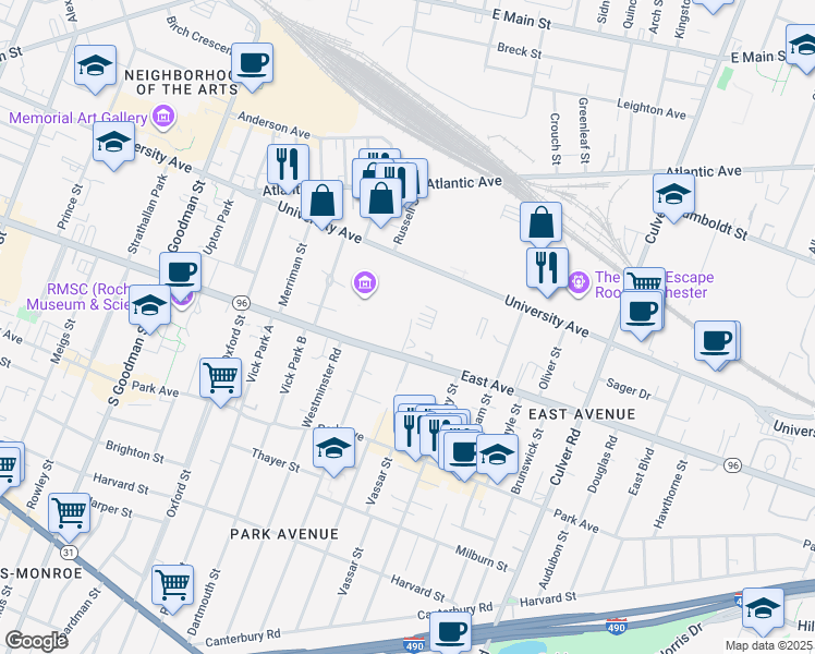 map of restaurants, bars, coffee shops, grocery stores, and more near 950 East Avenue in Rochester