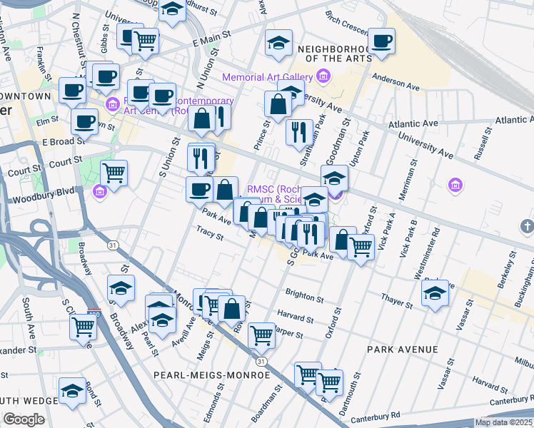 map of restaurants, bars, coffee shops, grocery stores, and more near 105 Meigs Street in Rochester