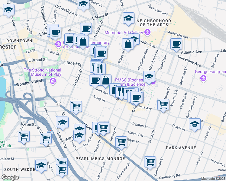 map of restaurants, bars, coffee shops, grocery stores, and more near 74 Park Avenue in Rochester