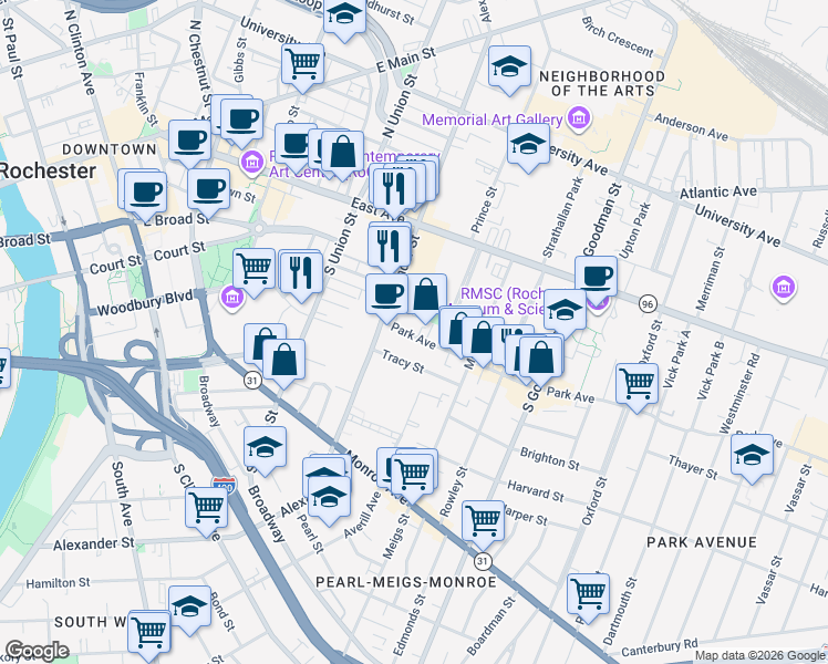 map of restaurants, bars, coffee shops, grocery stores, and more near 26 Park Avenue in Rochester