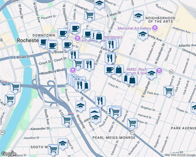 map of restaurants, bars, coffee shops, grocery stores, and more near 21 Buena Place in Rochester