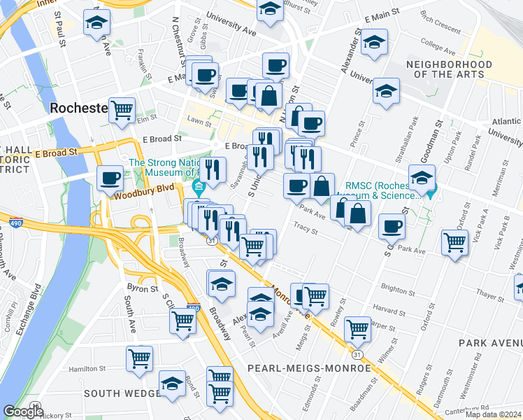 map of restaurants, bars, coffee shops, grocery stores, and more near 21 Buena Place in Rochester