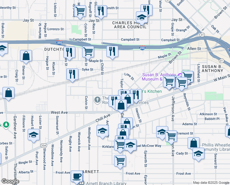 map of restaurants, bars, coffee shops, grocery stores, and more near 98 York Street in Rochester