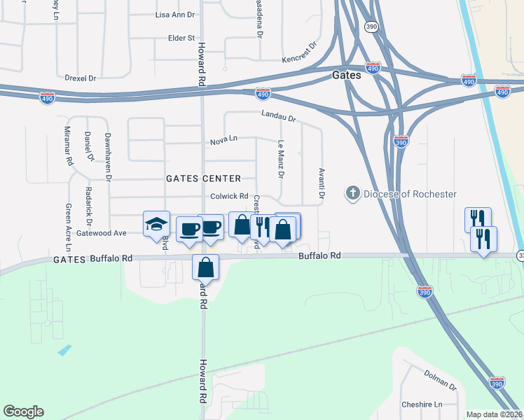 map of restaurants, bars, coffee shops, grocery stores, and more near 4 Normandale Drive in Rochester