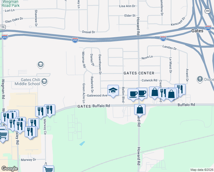 map of restaurants, bars, coffee shops, grocery stores, and more near 270 Normandale Drive in Rochester