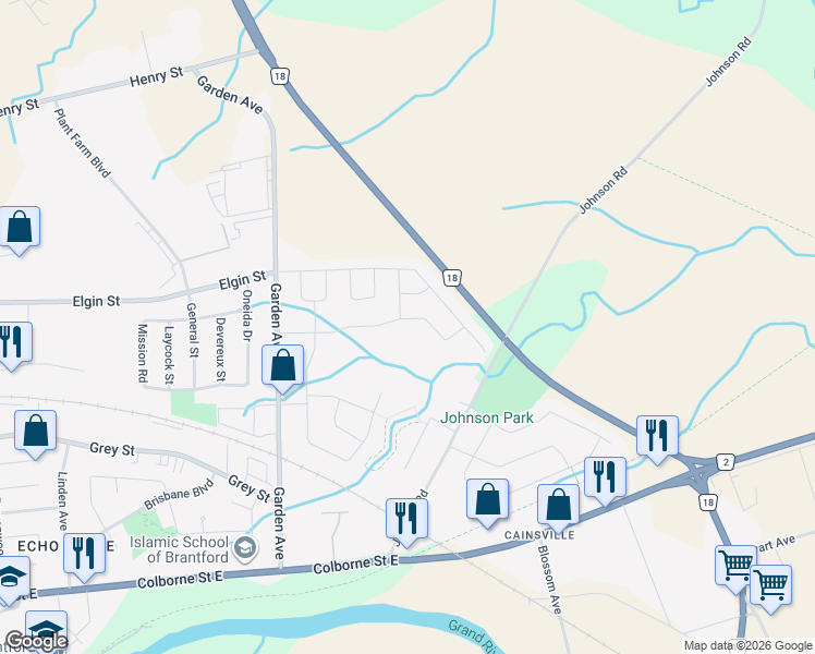 map of restaurants, bars, coffee shops, grocery stores, and more near 36 Pace Avenue in Brantford