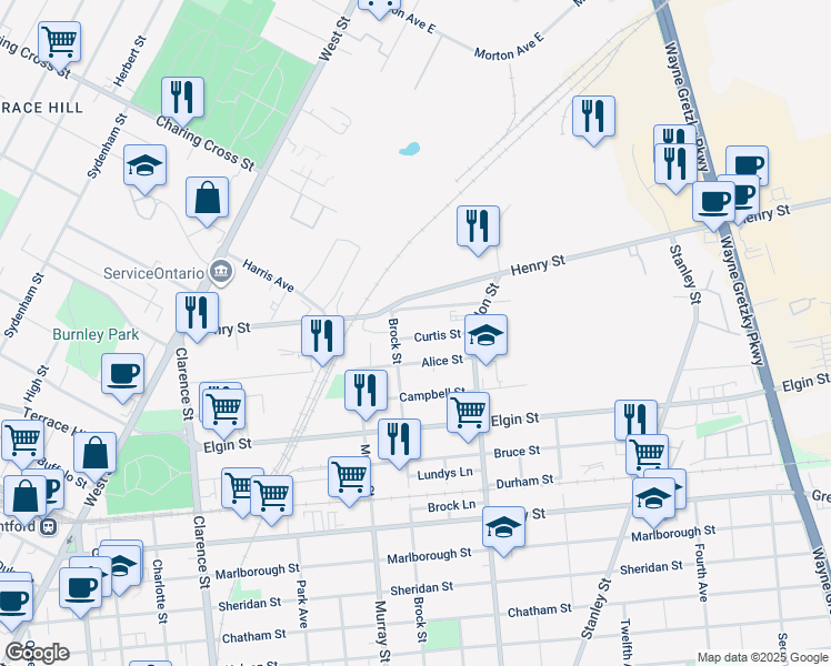 map of restaurants, bars, coffee shops, grocery stores, and more near 38 Curtis Street in Brantford
