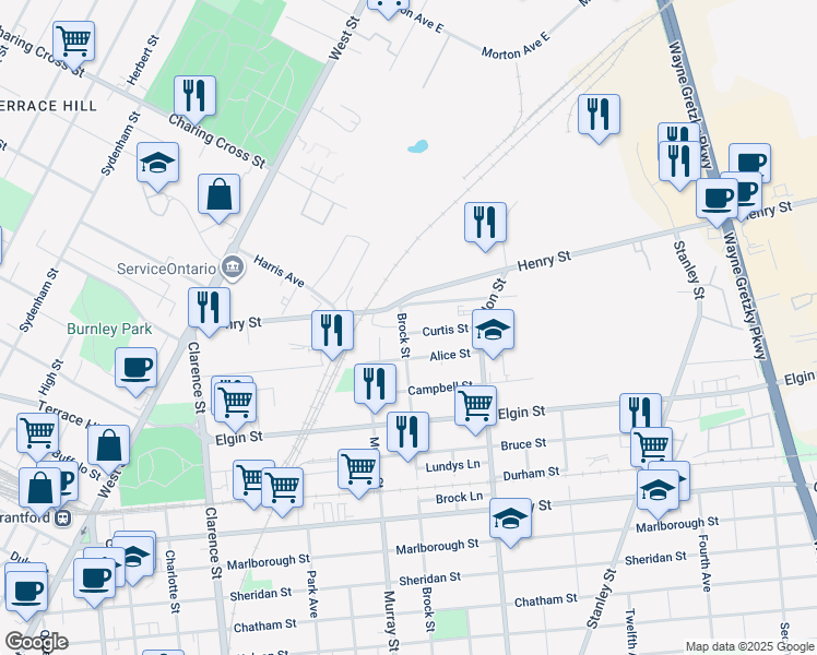 map of restaurants, bars, coffee shops, grocery stores, and more near 38 Curtis Street in Brantford