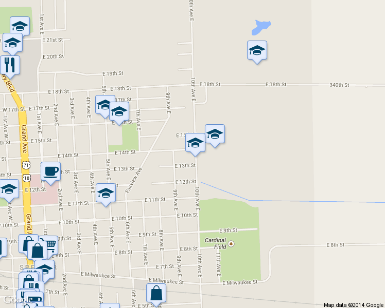 map of restaurants, bars, coffee shops, grocery stores, and more near 1319 10th Avenue East in Spencer