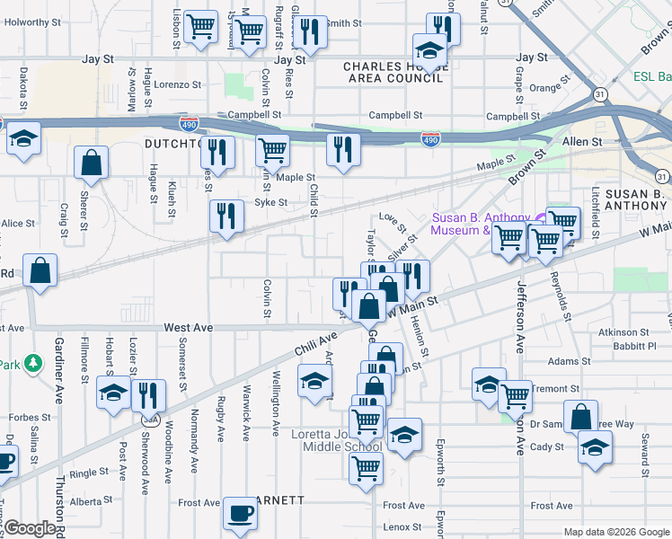 map of restaurants, bars, coffee shops, grocery stores, and more near 28 Danforth Street in Rochester