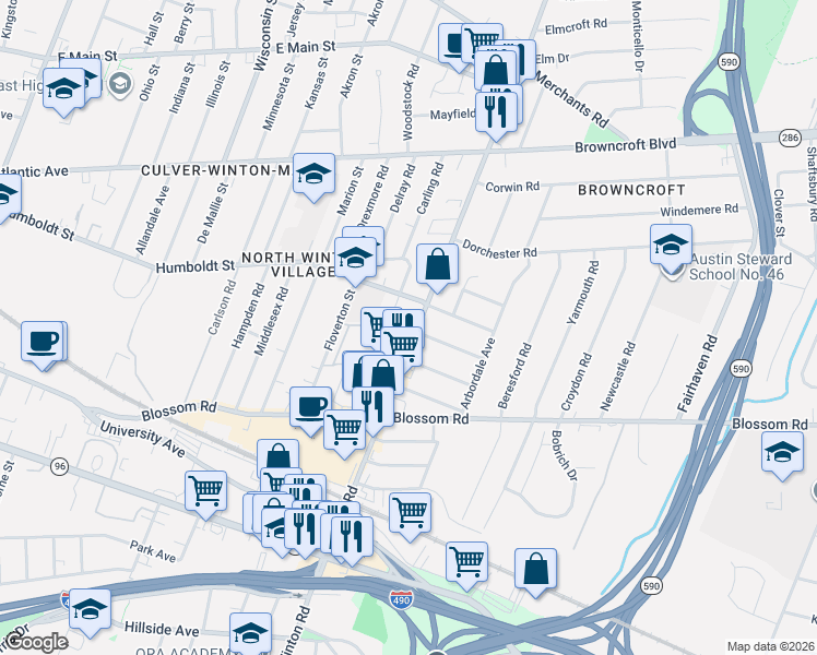 map of restaurants, bars, coffee shops, grocery stores, and more near 338 Winton Road North in Rochester
