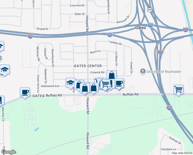 map of restaurants, bars, coffee shops, grocery stores, and more near 62 Normandale Drive in Rochester