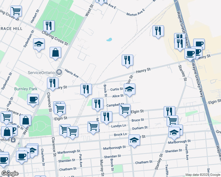 map of restaurants, bars, coffee shops, grocery stores, and more near 38 Curtis Street in Brantford