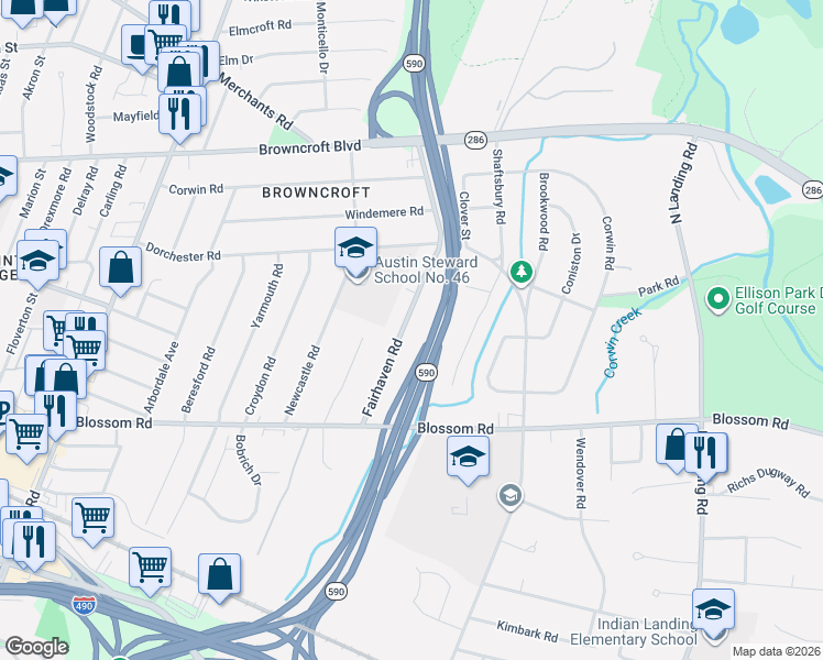 map of restaurants, bars, coffee shops, grocery stores, and more near 124 Fairhaven Road in Rochester