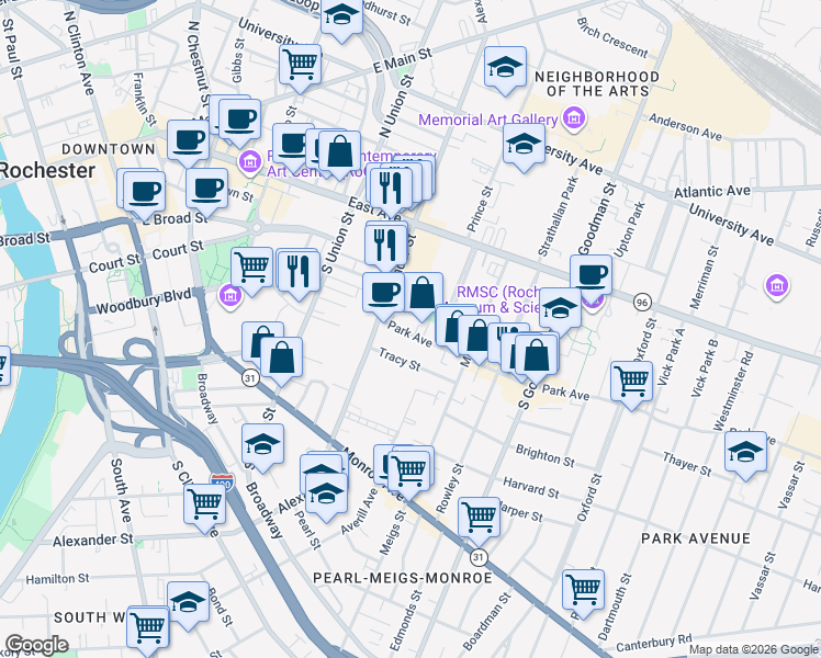 map of restaurants, bars, coffee shops, grocery stores, and more near 26 Park Avenue in Rochester