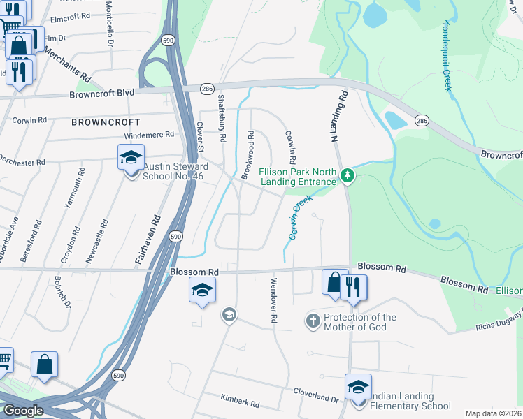 map of restaurants, bars, coffee shops, grocery stores, and more near 190 Coniston Drive in Rochester