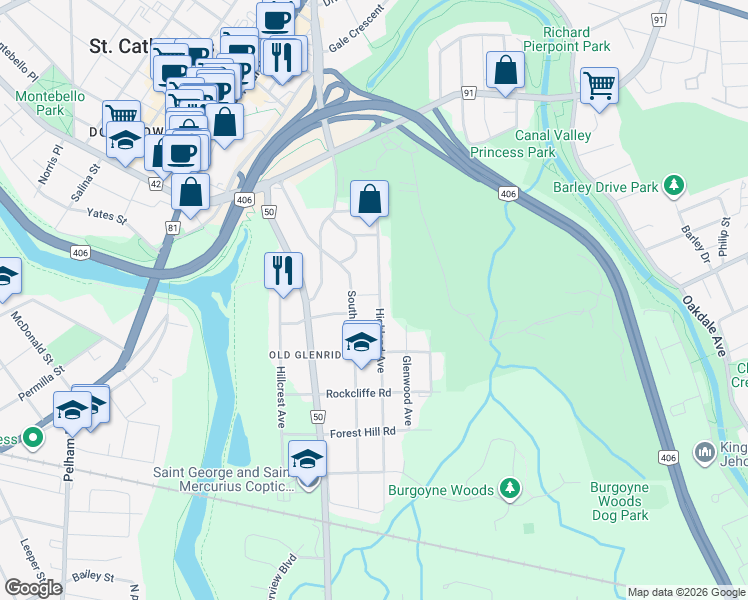 map of restaurants, bars, coffee shops, grocery stores, and more near 82 Highland Avenue in St. Catharines