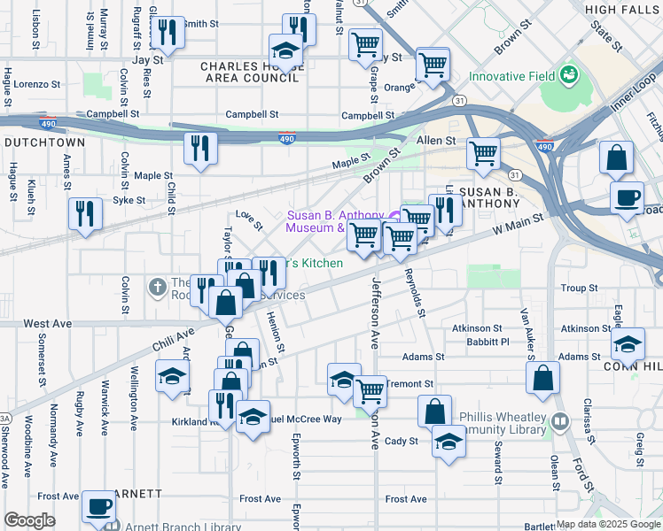map of restaurants, bars, coffee shops, grocery stores, and more near 6 Wentworth Street in Rochester