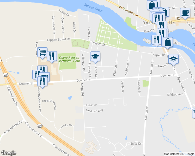 map of restaurants, bars, coffee shops, grocery stores, and more near 108 Downer Street in Baldwinsville