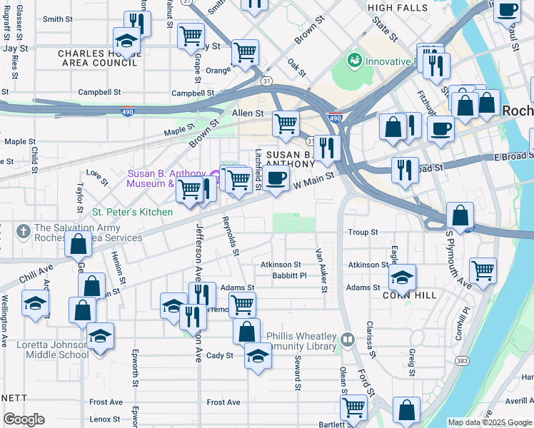 map of restaurants, bars, coffee shops, grocery stores, and more near 18 Cunningham Street in Rochester