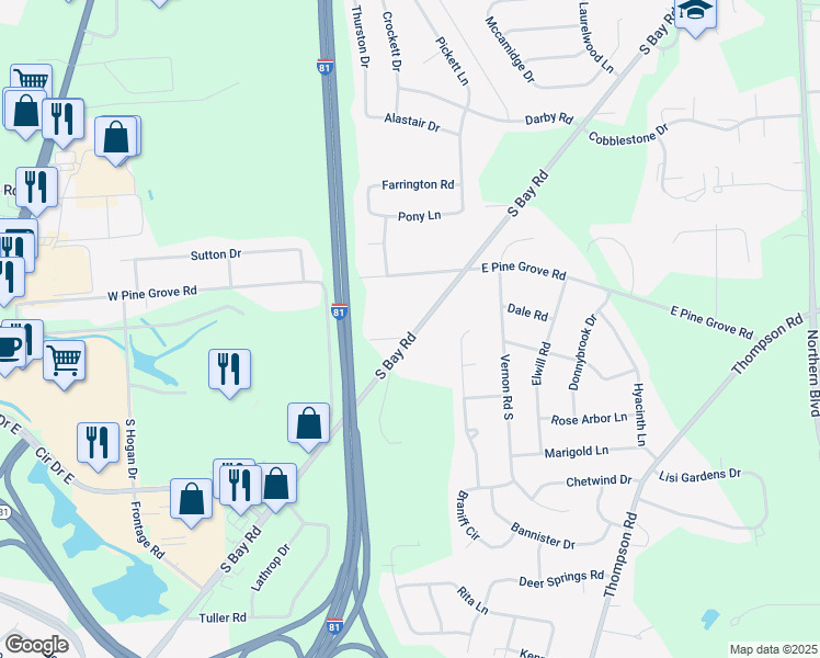 map of restaurants, bars, coffee shops, grocery stores, and more near 5873 South Bay Road in Cicero